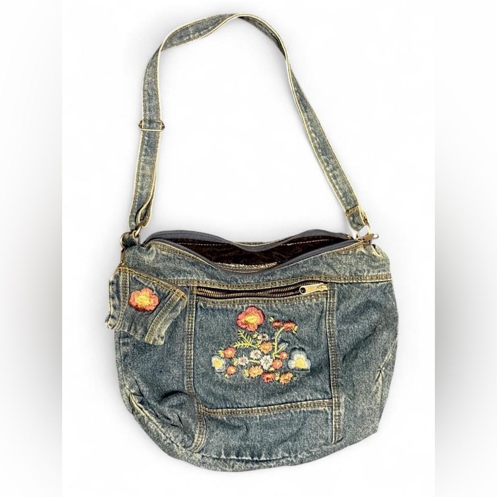Floral Embroidered Denim Shoulder Bag